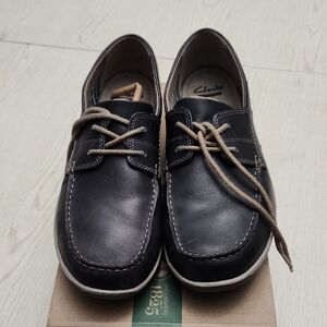 Clarks Men’s Black Leather Boat Shoes with Tan Laces